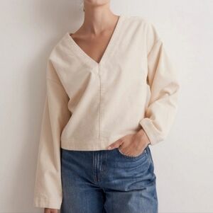 Madewell Cream White Waffle Knit Relaxed V Neck Long Sleeve Top